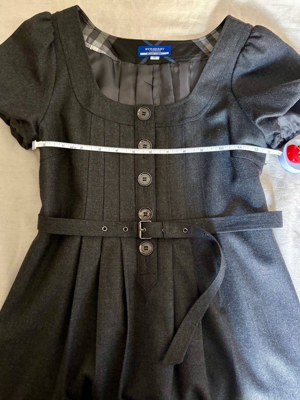 Burberry blue label Grey Pleated Belted Dress with Puff Sleeves